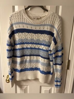 LOFT Cream and Light Blue Openwork Knit Sweater